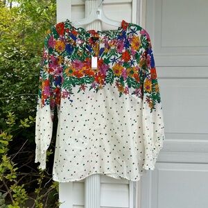 NWT Talbots Pretty Cream Multicolored Floral Ruffle Neck 3/4 Sleeve Blouse